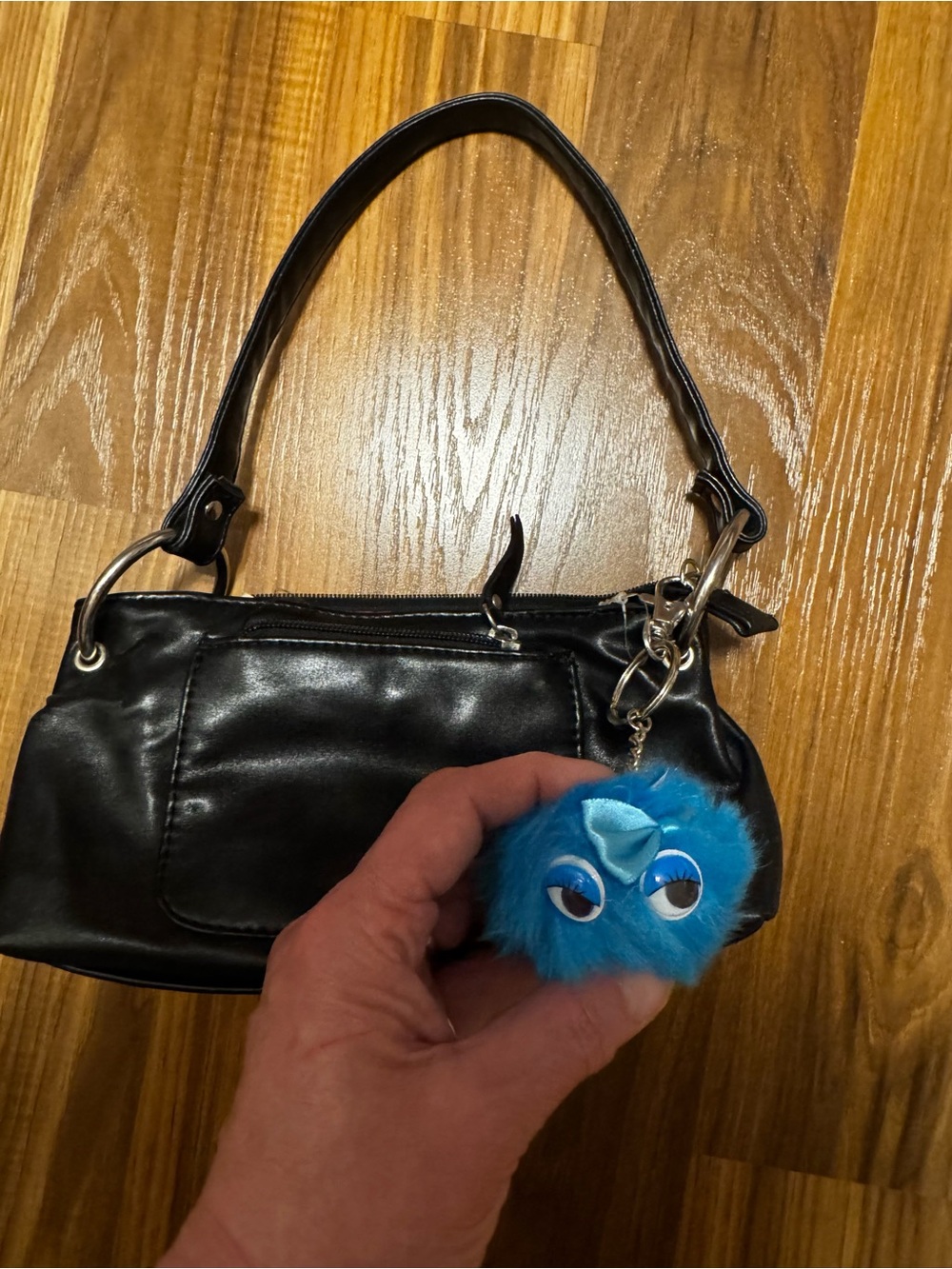 Vintage soft Black Shoulder Bag with Blue Fuzzy Charm